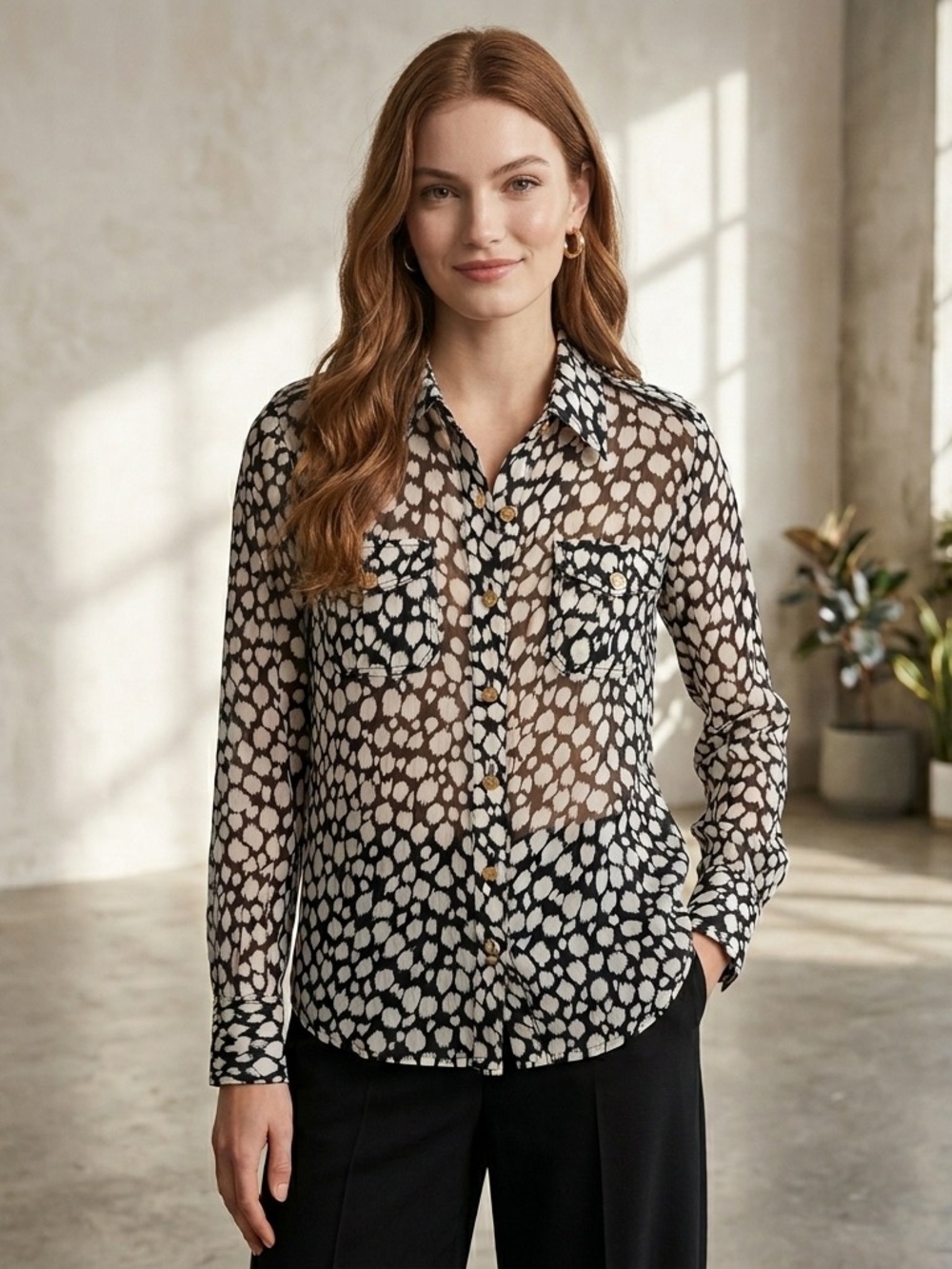 Tory Burch Black White Animal Print Cotton Blouse Flowy Top
